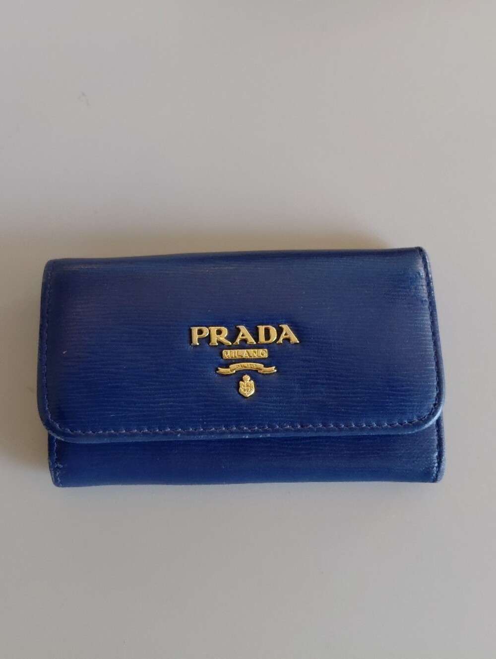 Prada Cobalt Saffiano Leather Key/Card Case with Gold Logo